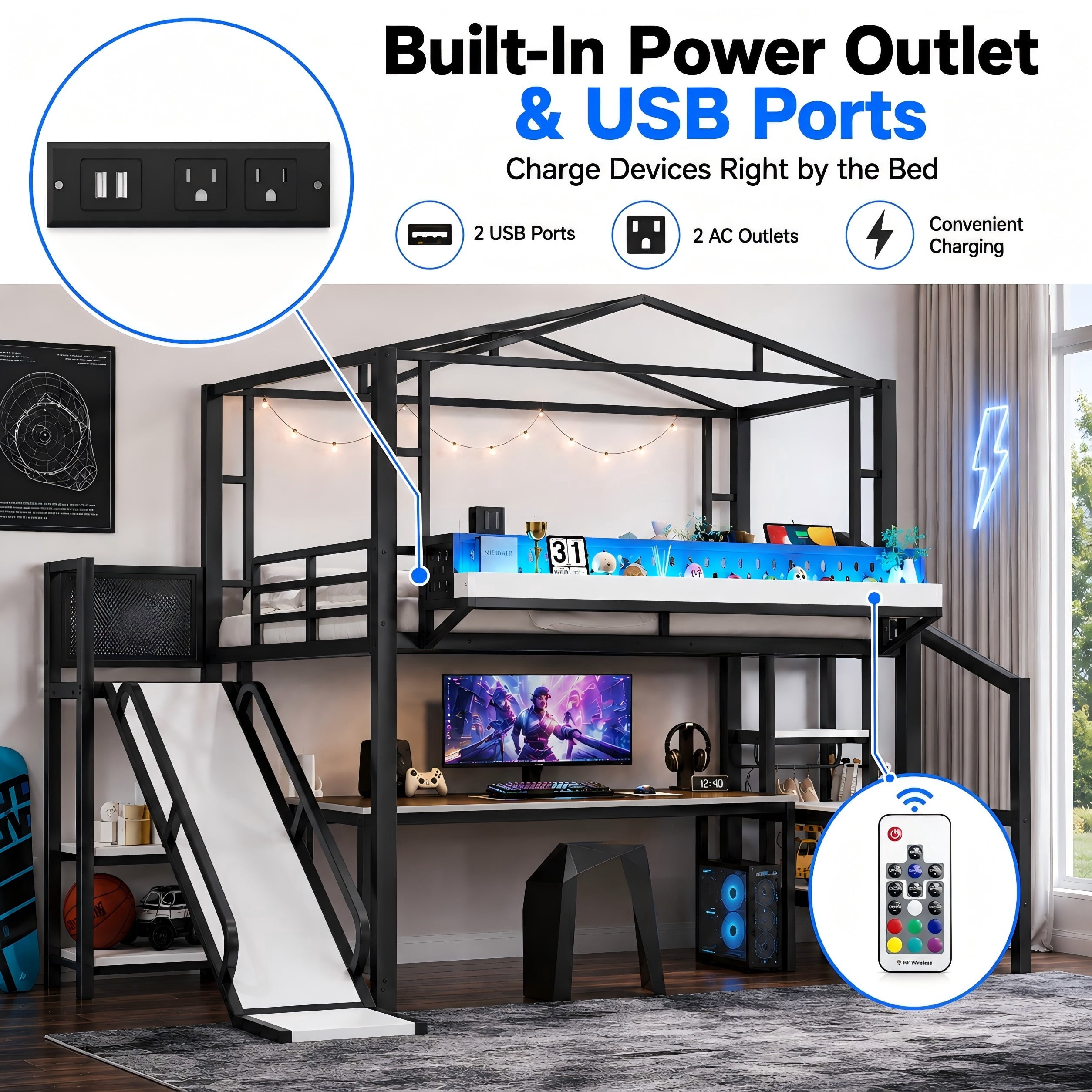 Aukfa Full Size Loft Bed with Storage Stairs, Slide, Shelves, USB Ports and LED Lights, Metal Loft Bed for Kids, Noise-Reduced Design, Black