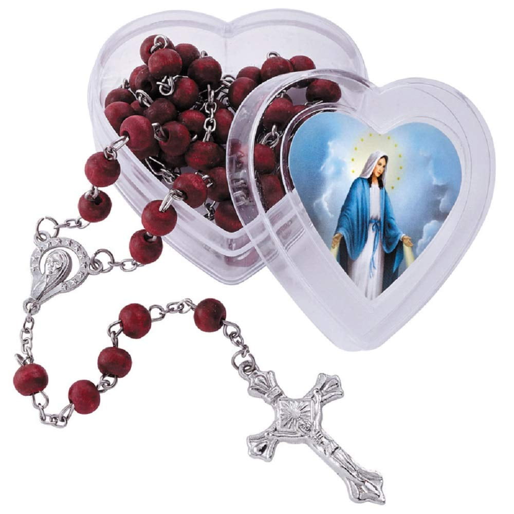 18-Inch Rhodium Plated Necklace with 6mm Zircon Birthstone Beads and Sterling Silver Our Lady of Guadalupe Heart Recuerdo Charm. 