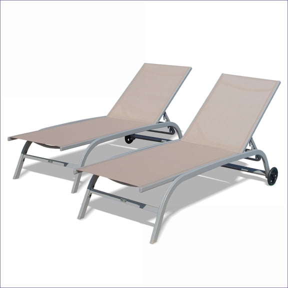 Outdoor Lounge Chairs Set of 2, 5 Adjustable Position, with Wheels, for Patio Pool Beach Deck Yard, Modern | khaki | Aluminum