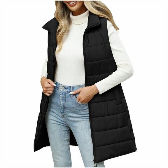 APEXFWDT Women's Winter Puffer Vest Lapel Zip-Up Mid-Length Sleeveless Coat Casual Warm Outerwear with Pockets, for Layered Outfits