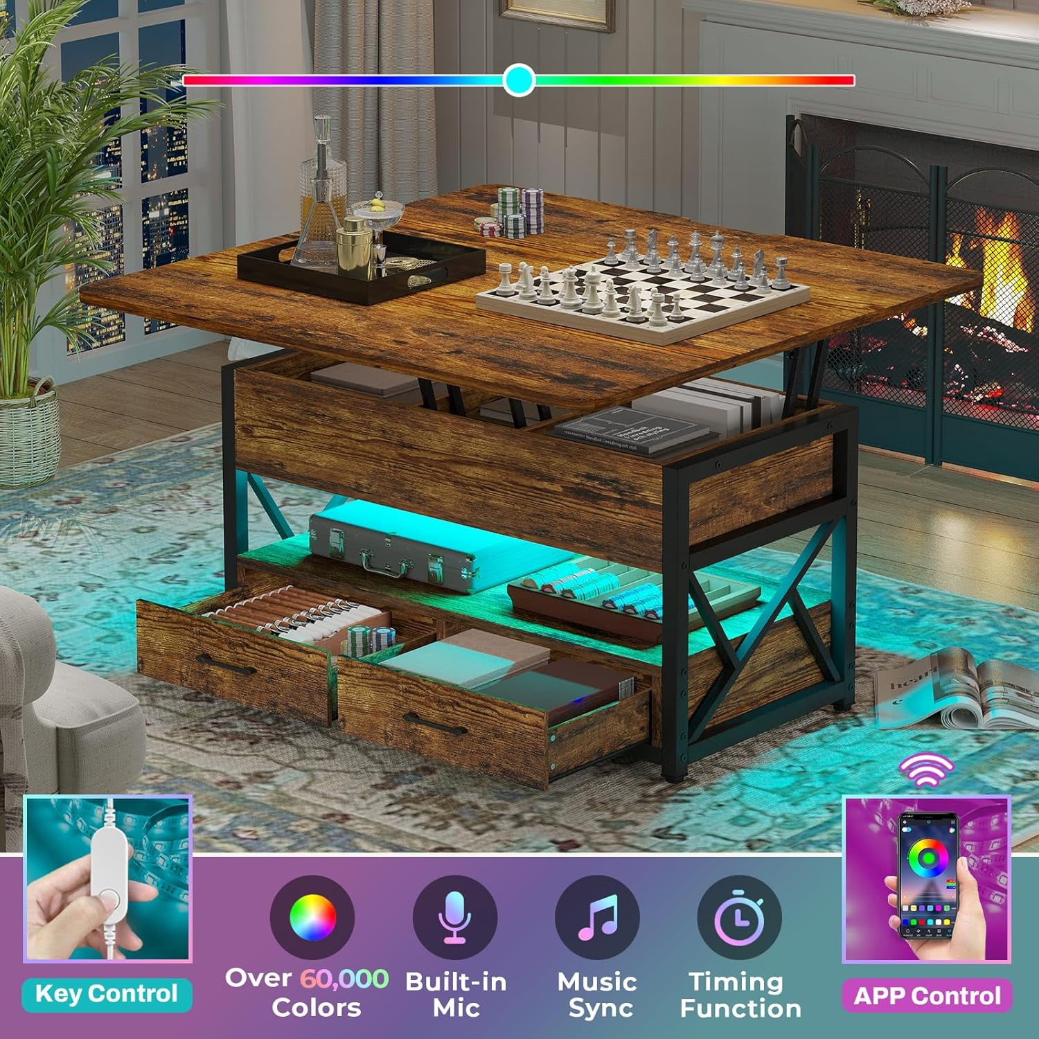 Lift Top Coffee Table with 2 Drawers and LED Lights, 4 in 1 Coffee Tables with Storage for Living Room, Rustic Brown