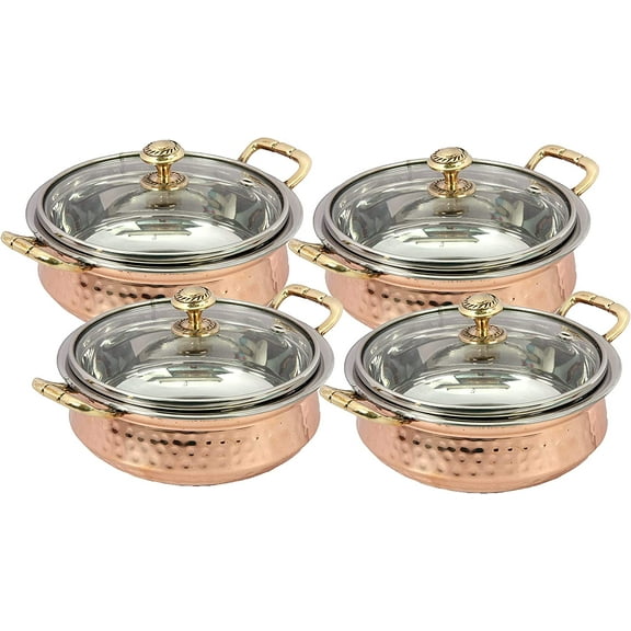 PARIJAT HANDICRAFT Pack of 4 Indian hammered copper stainless steel serving bowl for food soup with handle and glass lid decorative seveware Size -6 Inch