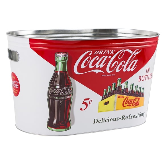 Coca-Cola Food Beer Soda Soft Drinks Party Bucket Container Large All Metal Canister W/Handle Holes Oval Tub 16x10x9.5