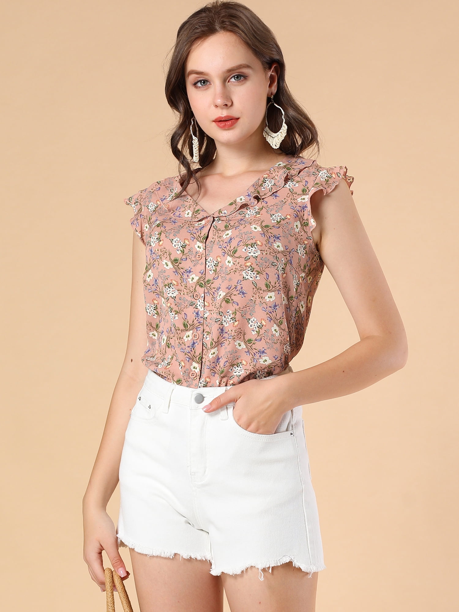 DARING DIVA Women's Ruffle Sleeveless Button Up Floral Shirt L Dark Pink