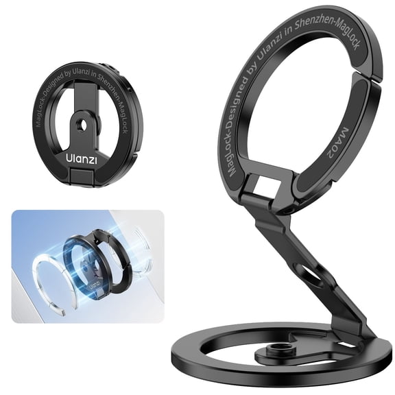 Ulanzi MA02 Magnetic Phone Holder Ring Stand, Foldable Grip & Stand is Compatible with MagSafe Smartphones, Aluminum Alloy Portable Phone Mount