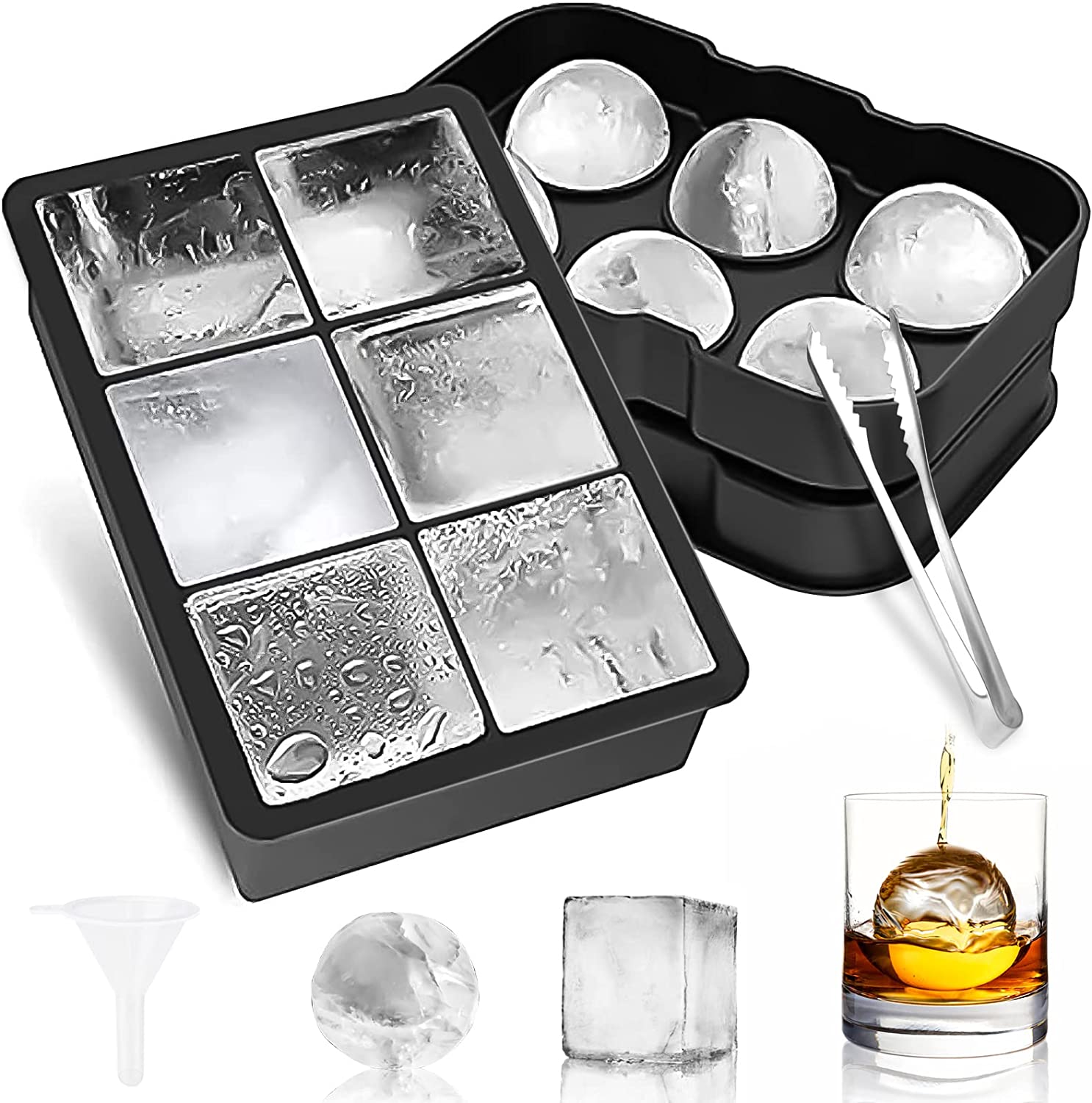 2Pcs Ice Cube Trays, Silicone Sphere Whiskey Ice Ball Maker with Lids
