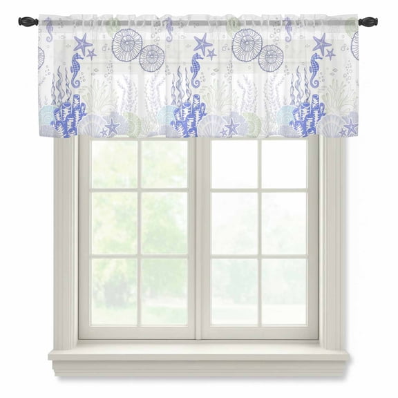 Coastal Purple Valance Curtains for Kitchen/Living Room/Bathroom/Bedroom Window, Rod Pocket Small Topper Half Short Window Curtains Voile Sheer Scarf, Ocean Coral Starfish Jellyfish Seahorse 42"x12"