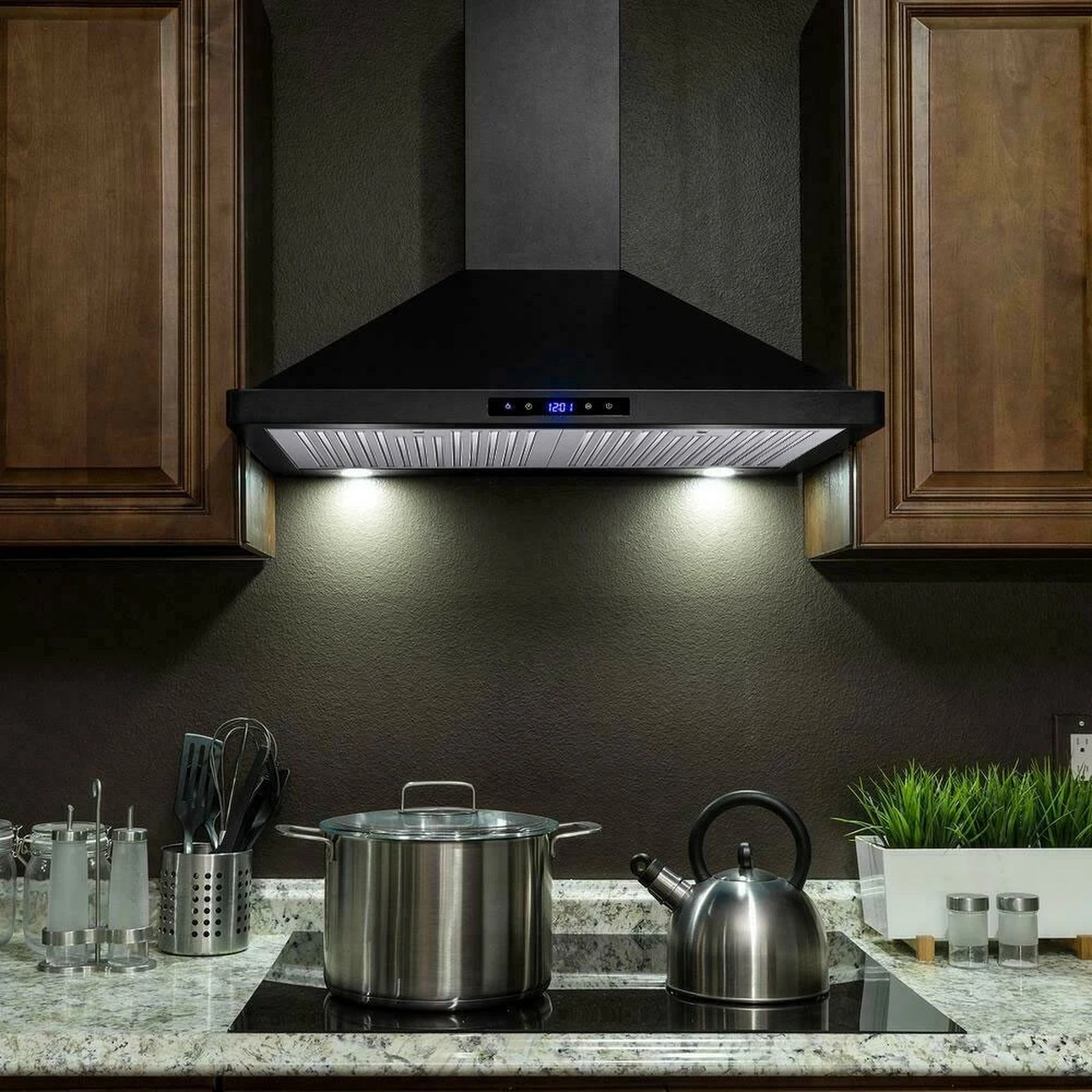 30in Wall Mount Range Hood 3-Speed Touch Control 350CFM Vented Black Easy Clean
