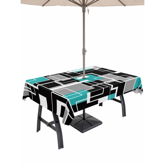 Teal Blue Black Geometric Outdoor Tablecloth - 60x102 Inch Rectangle Dining Table Cover, Modern Abstract Art Block Waterproof Outdoor Table Cloth with Umbrella Hole & Zipper for Picnic/Patio/Party