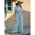 thumbnail image 5 of Womens Jumpsuits Short Sleeve V Neck Dressy Casual Wide Leg Pants Romper Light Blue L, 5 of 9