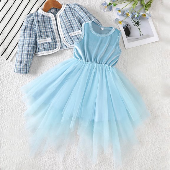 hengsof 2PC Toddler Children's Tulle Dress and Cardigan Girls Short Skirt Long Sleeve Shrugging Casual Wear Patchwork Dress