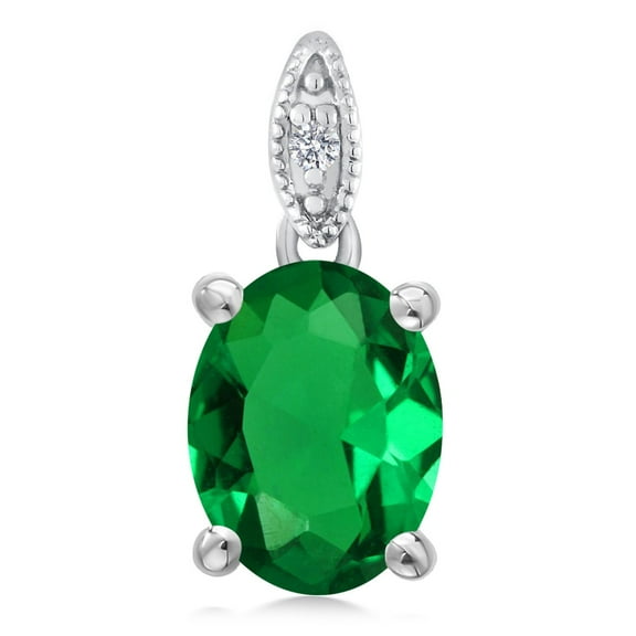 Gem Stone King Women's Oval Simulated Emerald 10K White Gold Diamond Pendant