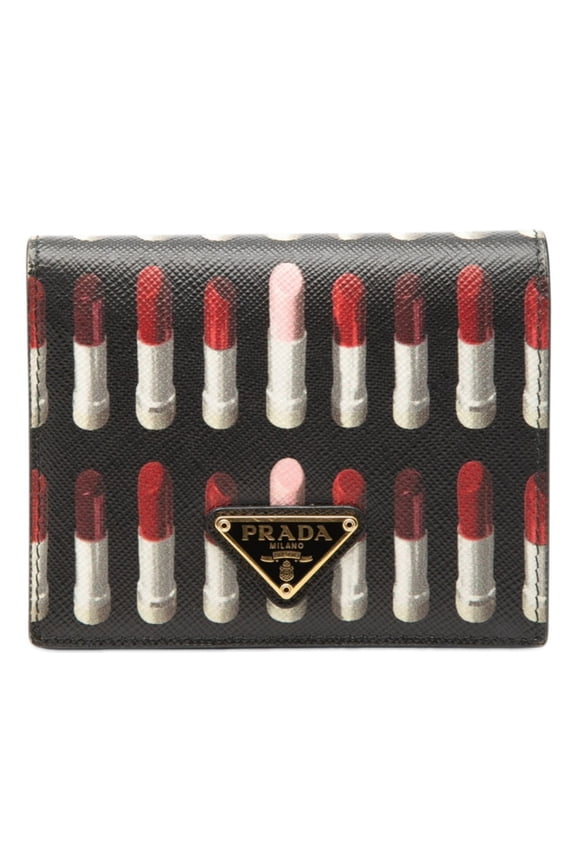 Pre-Owned Prada Triangle Logo Plate Lipstick Print Bi-fold Wallet Black Saffiano Leather...