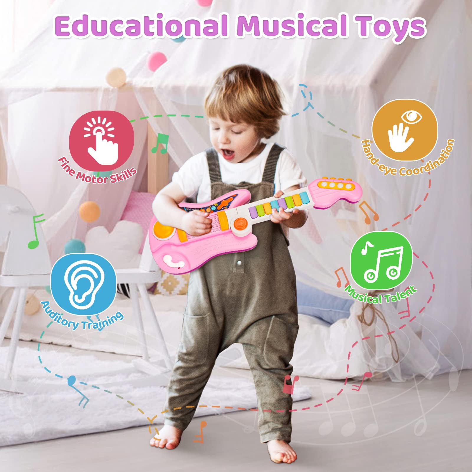Unbranded 2-in-1 Kids Toy Guitar and Piano Keyboard, Foldable Musical Instrument for Toddlers 3-5, Light Up Learning Toy with Infrared Sensors