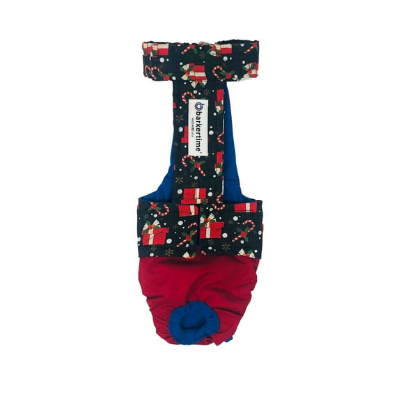 Barkertime Christmas Presents on Red Escape-Proof Waterproof Premium Dog Diaper Overall - Made in USA