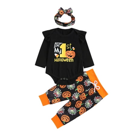 

TheFound Newborn Baby Girl My 1st Halloween Outfit Long Sleeve Pumpkin Print Romper Pants Headband 3Pcs Clothes