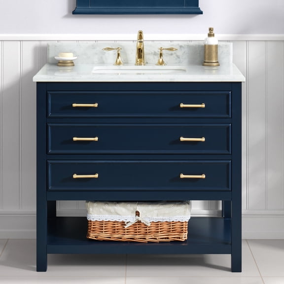 Farmington 36" Single Bathroom Vanity, 37Wx22Dx34.5H, Carrara Marble Top with 24" Wide Apron-Front Sink & Backsplash, Navy Blue Solid Wood Cabinet, Pre-Assembled, Soft-Closing Drawer, Open Shelf