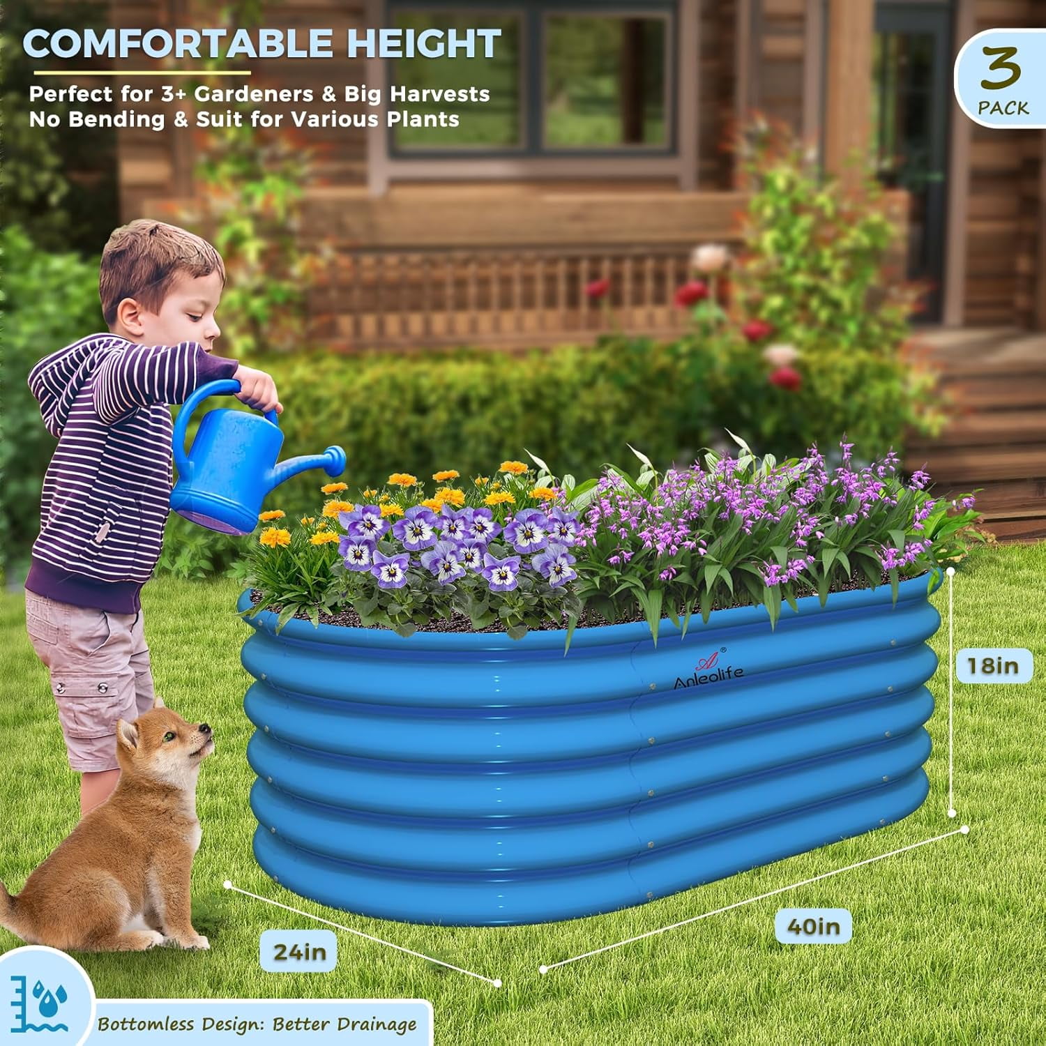 Kids Raised Garden Beds Outdoor (3-Pack)-40x24x18in Oval Round Galvanized Metal Planter Box for Planting Vegetables, Flowers, Fruits, Eco-Safe & Easy Setup, Sky Blue