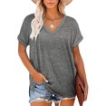 thumbnail image 1 of Qarigey Camiseta de mujer con cuello en V, manga corta de color sólido, blusa dividida de color sólido Prendas para la parte del cuerpo Gris claro SG Qarigey AP003161-29, 1 of 6