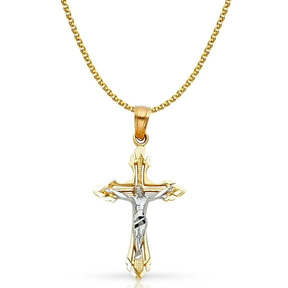 14K Two Tone Gold Jesus Crucifix Cross Pendant with 1.5mm Flat Open Wheat Chain Chain Necklace