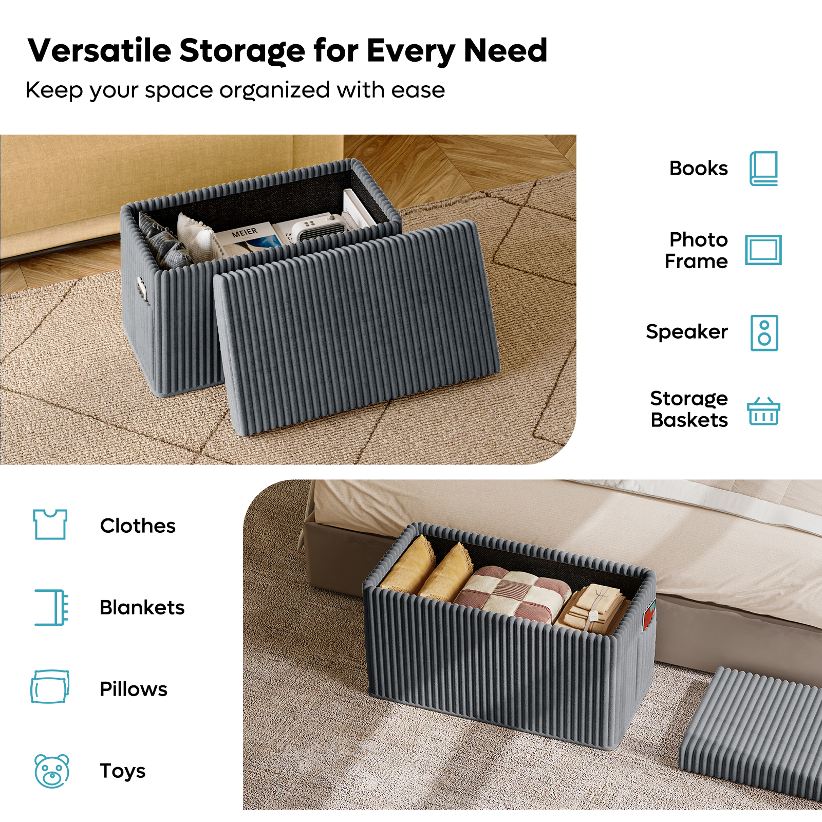 Pinmoco 30" Folding Storage Ottoman Bench, Gray photo 4