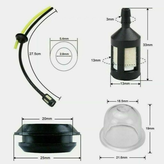 RichLink Fuel Line Kit with Filter and Primer Bulb for Chainsaw, Hedge Trimmer - 21Cm Main Pipe, 10Cm Return Pipe, 20Mm Grommet