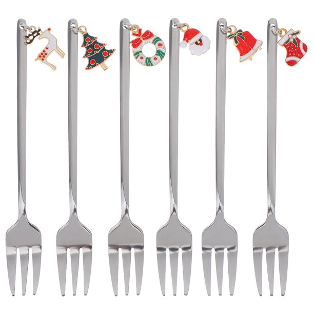 6 piezas de vajilla navideña de acero inoxidable, tenedores pequeños de postre con mango de dijes navideños para fiestas festivas, aperitivos, aptos para lavavajillas