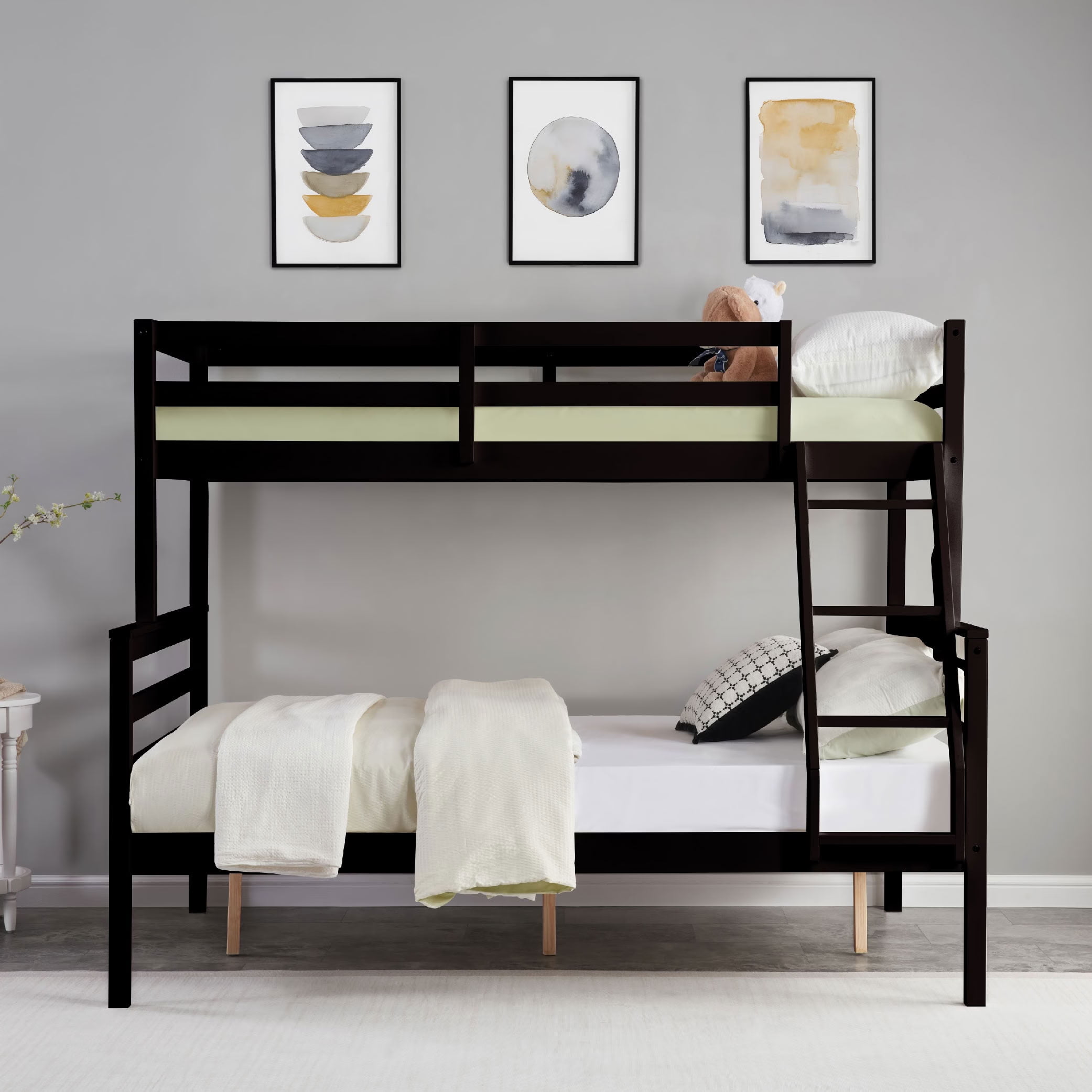 MAYEERTY Twin over Full Wooden Bunk Bed with Ladder and High Guardrail, Space-Saving Bunk Bed for Kids, Teens, Dorm Rooms, and Guest Rooms