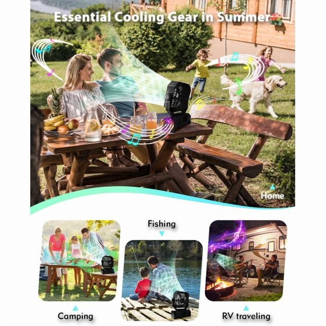 SuperRGB Portable Camping Fan, 20000mAh Rechargeable Battery Operated Fan with Bluetooth Speaker, LED Light & Remote, 4 Speeds, Timer & Hook for Tent, Outdoor, Travel, Black