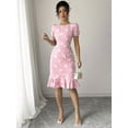 thumbnail image 6 of Pink Floral Embroidered Puff Sleeve Ruffle Hem Midi Fit & Flare Dress, 6 of 30