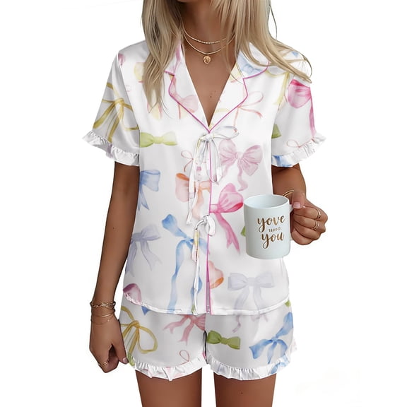 Ekouaer Satin Pajama for Women Short Sleeve Silky Pj Short Set Bow Front Tie Up Loungewear Sleepwear