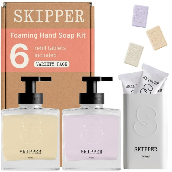 Tirtyl Skipper Hand Wash Single Kit Glass - 1 dispensador de espuma de vidrio + 3 recambios de tabletas (3 botellas de jabón de 8 fl oz) - Variedad de fragancias