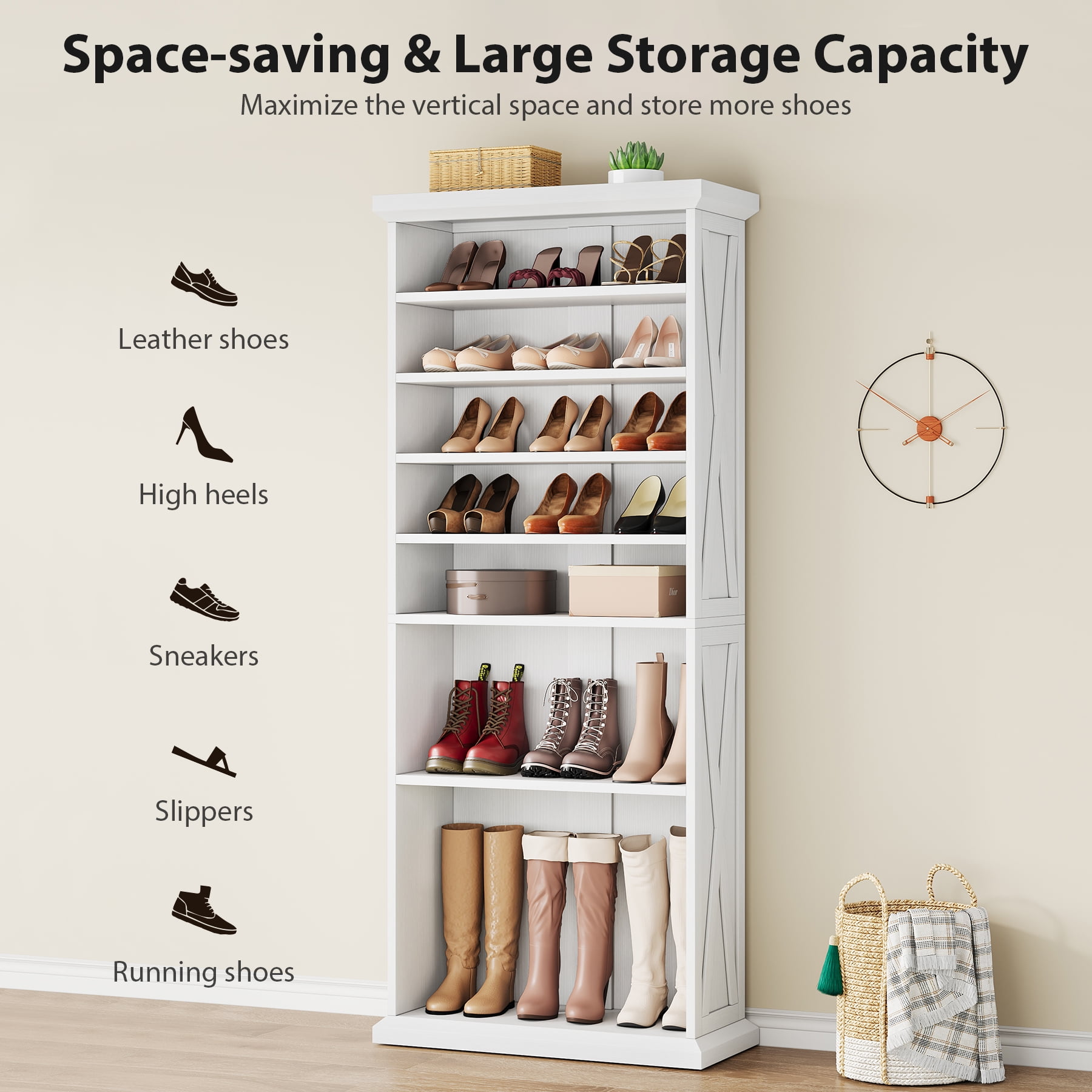 Condemo 10-Tier Shoe Storage Cabinet with 8 Adjustable Shelves, Farmhouse Shoe Rack, 71 inch Freestanding Tall Shoe Organizer for Closet, Entryway, Living Room, 30-40 Pairs, White