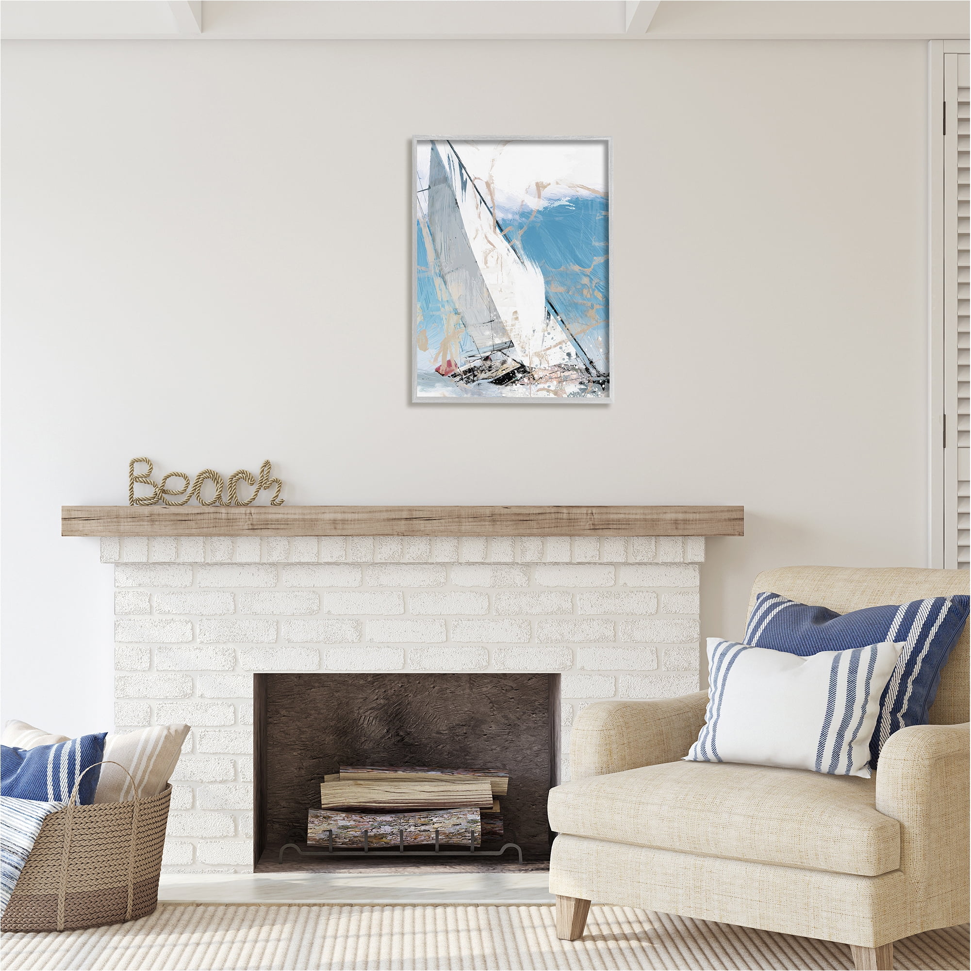 Stupell Industries Abstract Sailboat Waves Transportation Painting Gray Framed Art Print Wall Art, 24 x 30