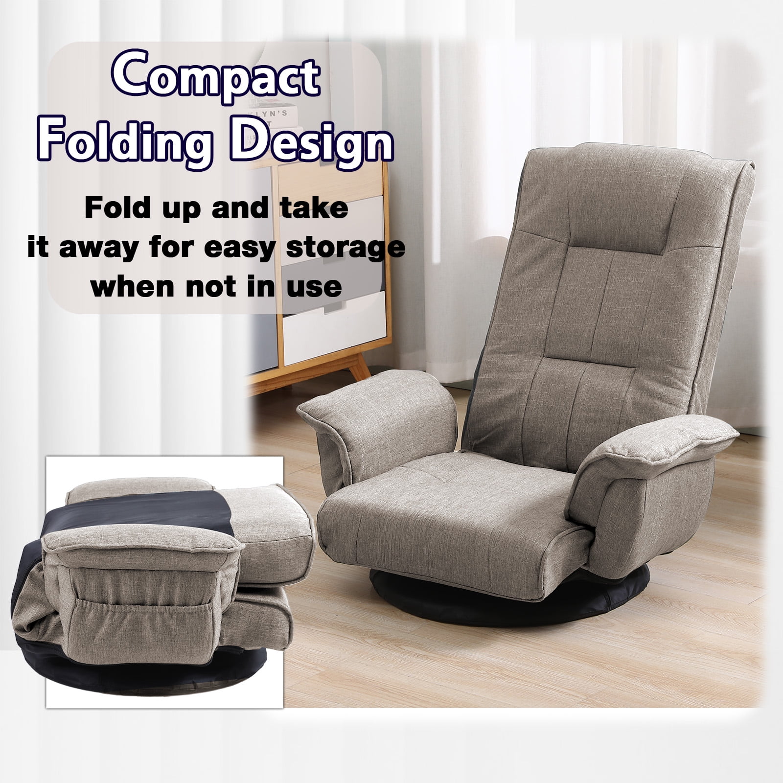 360 Degree Swivel Floor Chairs for Adults, Gaming Floor Chair with Back Support, 14 Angles Adjustable Comfortable Floor Lounge Chair Folding Video Game Chairs Office Bedroom