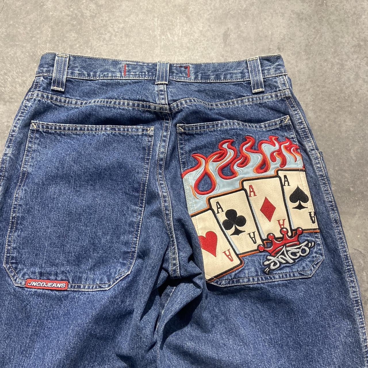 JNCO Jeans New Playing Cards Embroidered Pattern Baggy Jeans Blue