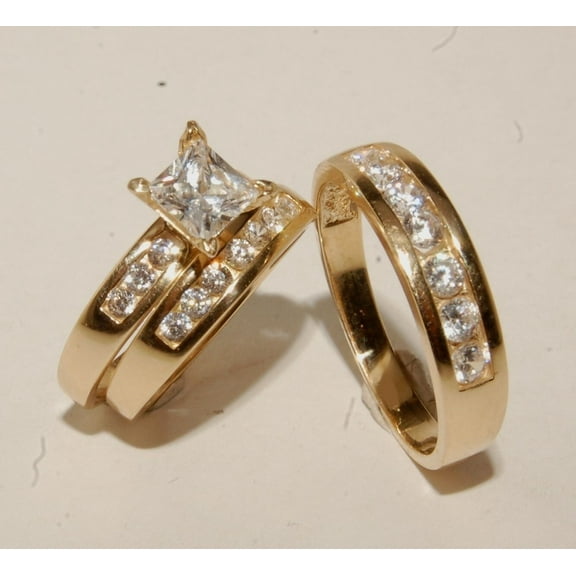 Bluebell Jewels Women's 3PC Wedding Ring Set Yellow Gold Finish with Round Cut CZ Center & Accent Stones