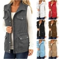 thumbnail image 3 of BVnarty Women's Sleeveless Utility Vest Lapel Collar Waist Drawstring Multi Pockets for Fall Winter Daily Casual Wear Red L, 3 of 8