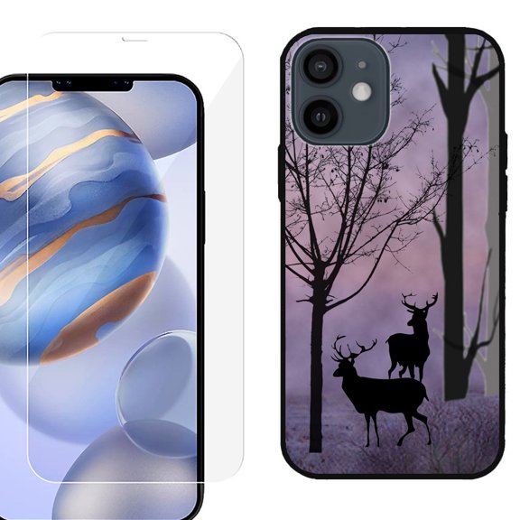 Slim-Fit Protective Phone Case (Black) compatible with iPhone 12 / iPhone 12 Pro, with Tempered Glass Screen Protector, by OneToughShield ® - Forest/Deer/Twilight