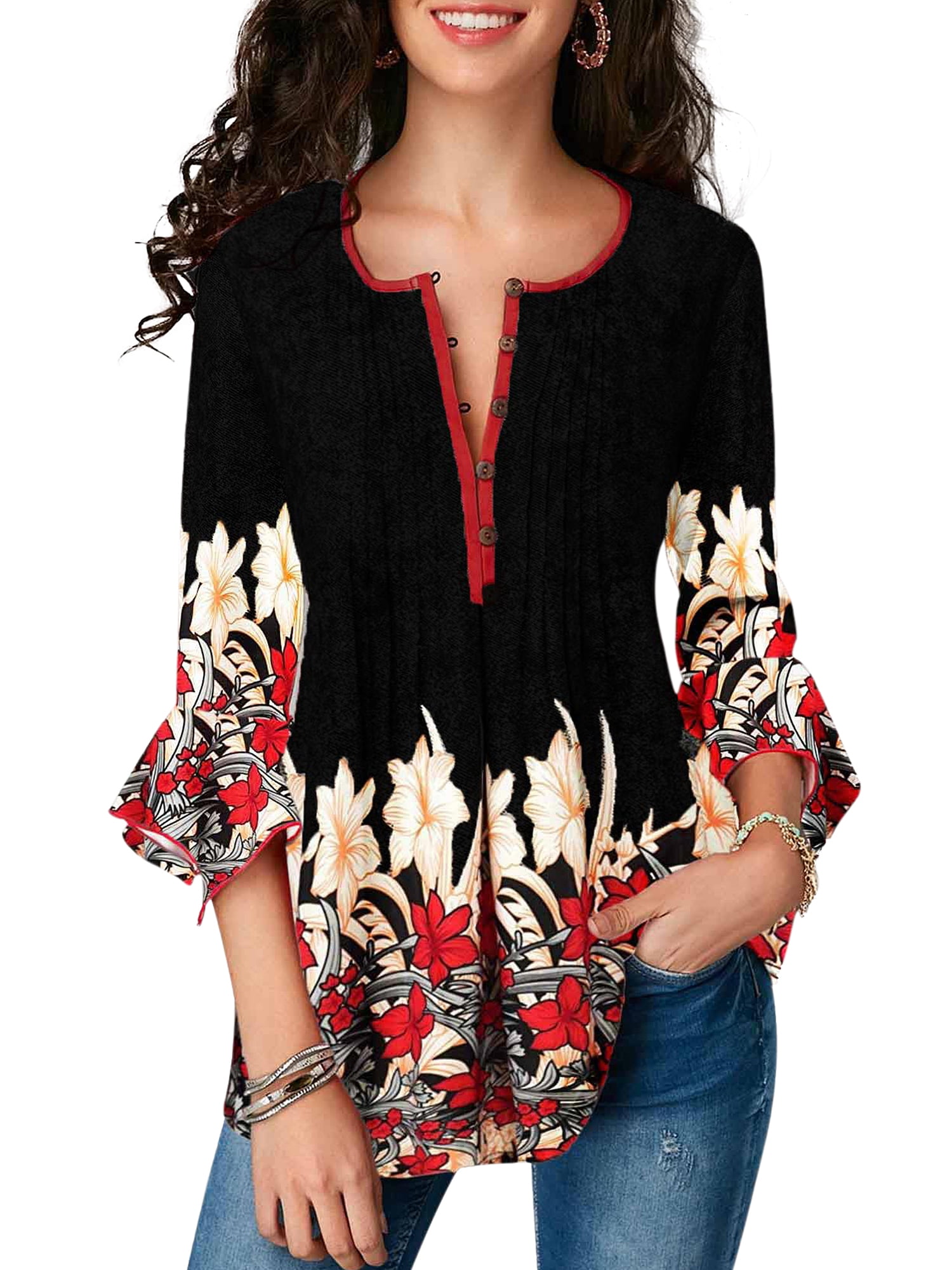 Womens Long Sleeve Paisley Floral Print V-Neck Pleated T-Shirt Tops Casual Tunic Blouse Loose Shirts