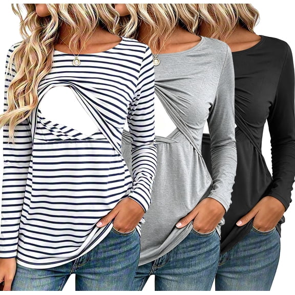 Women's Long Sleeve Maternity Nursing Tops Shirts Breastfeeding Clothes 3-Pack