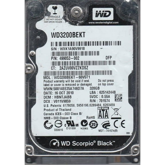 WD3200BEKT-60V5T1, DCM HBNTJABB, Western Digital 320GB SATA 2.5 Hard Drive
