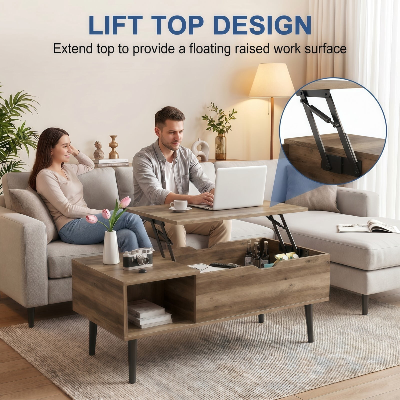 Kelno Lift Top Coffee Table with Hidden Compartment and Storage Shelves Wood Dining Center Table, Gray