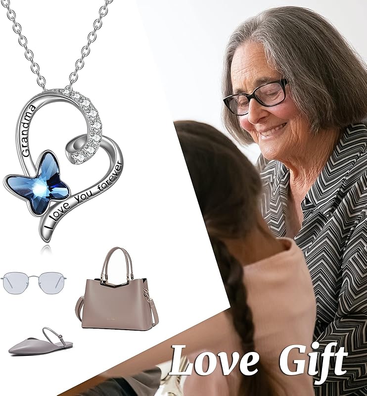 Granddaughter/Grandma/Nana/Daughter/Sister Necklace Gifts for Women 925 Sterling Silver with Blue Butterfly Crystal Heart Necklace, Valentine's Gifts for women
