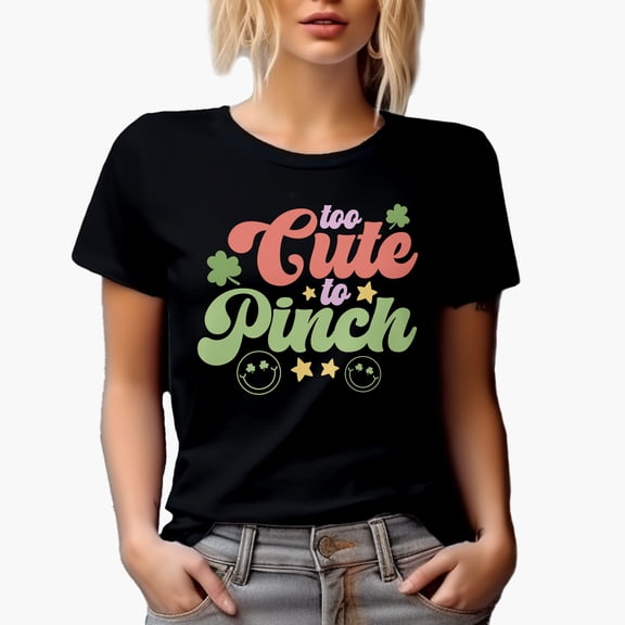 Too Cute to Pinch feat. Shamrock Leaves & Smiling Faces Art, St. Patrick's Day Gift, Black T-Shirt, Small
