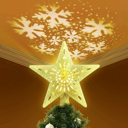 Christmas Tree Topper Lighted Star Tree Toppers with LED Rotating Snowflake Projector Lights, 3D Hollow Gold Star Snow Tree Topper for Christmas Tree