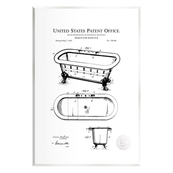 Stupell Industries Vintage Claw Tub Patent Graphic Art Unframed Art Print Wall Art, Design by Karl Hronek