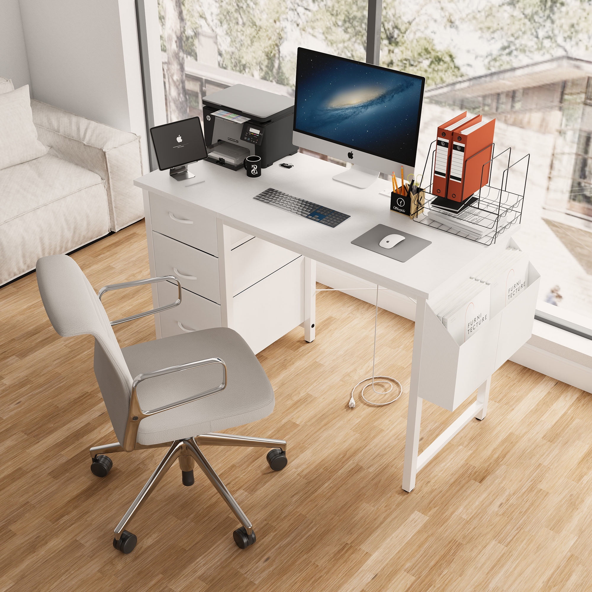 Multi-Functional Hidden Power Outlet Fabric Drawers & Side Pocket Adjustable & Reversible White Modern Executive Desk Home & Office Storage Solution(Chairs not included)