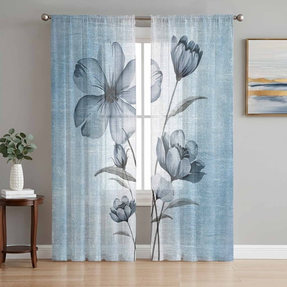 Blue Flower Sheer Curtains 84 Inch Length 2 Panels Set, Retro Gradient Texture Painting Plant Leaf Voile Window Treatment Rod Pocket Curtains Sheers Drapes for Bedroom/Living Room/Kitchen 52"x84"x2