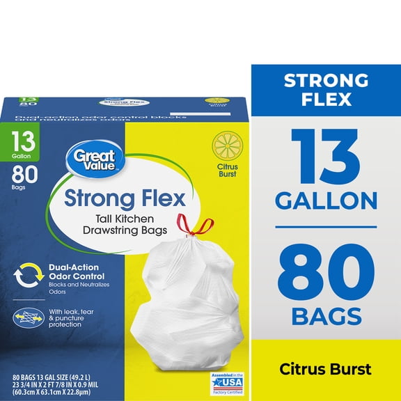 Great Value Strong Flex 13-Gallon Drawstring Tall Kitchen Trash Bags, Citrus Burst, 80 Count